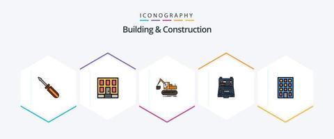 paquete de iconos de 25 líneas completas de construcción y construcción que incluye caja. construcción. construcción. edificio. camión vector