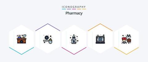 Paquete de íconos de farmacia de 25 líneas completas que incluye medicamentos. médico. cucharón. computadora portátil. medicamento vector