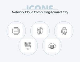 Network Cloud Computing And Smart City Line Icon Pack 5 Icon Design. computer. processor. data. farming. ecology vector