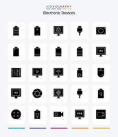 Paquete de iconos de 25 glifos negros sólidos de dispositivos creativos, como la relación de aspecto. eléctrico. archivo. batería. marco vector