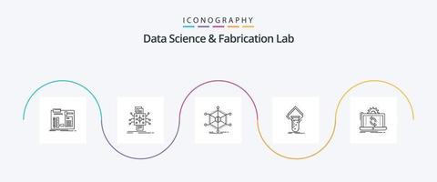 paquete de iconos de línea 5 de laboratorio de fabricación y ciencia de datos que incluye estudio. química. Procesando. recursos. información vector