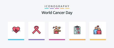 la línea del día mundial contra el cáncer llenó un paquete de 5 íconos que incluye la fecha. amar. píldora. calendario. cáncer. diseño de iconos creativos vector