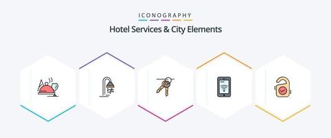 servicios de hotel y elementos de la ciudad paquete de 25 íconos de línea completa que incluye venta. Wifi. hotel. servicio. móvil vector