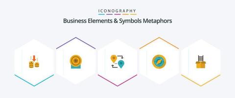 Elementos comerciales y metáforas de símbolos Paquete de 25 íconos planos que incluye regalo. ubicación. ubicación. Brújula. navegación vector