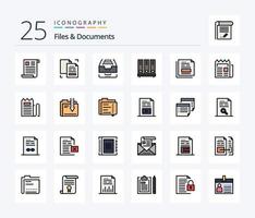 Archivos y documentos Paquete de iconos llenos de 25 líneas que incluye base de datos. archivo. documento. archivo. datos vector