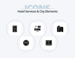 servicios de hotel y elementos de la ciudad glyph icon pack 5 diseño de iconos. mapa. habitación. móvil . CA aire vector