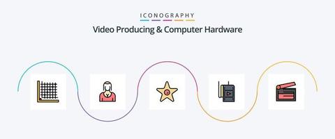 la producción de video y la línea de hardware de la computadora llenaron el paquete de iconos planos 5 que incluye la chapaleta. junta. chica. acción. estudio vector