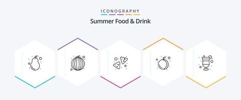 paquete de iconos de 25 líneas de alimentos y bebidas de verano que incluye vidrio. cóctel. papas fritas. durazno. alimento vector