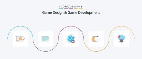 Game Design And Game Development Flat 5 Icon Pack Including game. character. texture. multip. world vector