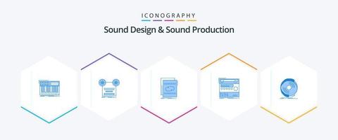 paquete de 25 íconos azules de diseño y producción de sonido que incluye el módulo. estante. cinta. sonido. bucle vector