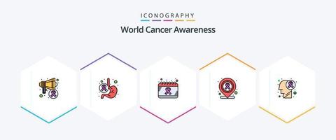 paquete de iconos de 25 líneas completas de concientización sobre el cáncer mundial que incluye enfermedad cerebral. ubicación. mundo. hospital. salud vector