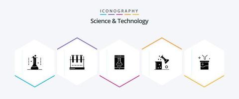 paquete de iconos de 25 glifos de ciencia y tecnología que incluye filtrado de datos. gran concepto de datos y ciencia. laboratorio inteligente. investigación científica. laboratorio de ciencia vector