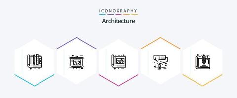 paquete de iconos de arquitectura de 25 líneas que incluye cepillo de rodillos. rodillo. bienes raíces. Cepillo de pintura. plan vector