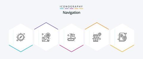 paquete de iconos de 25 líneas de navegación que incluye documento. mapa. ubicación. ubicación. bandera vector