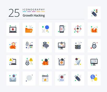 Hacking 25 Flat Color icon pack including goal. mobile. earth. lock. binary code vector