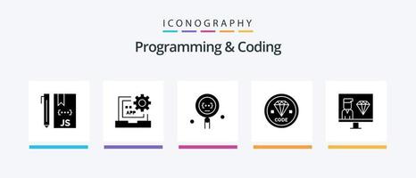 Programming And Coding Glyph 5 Icon Pack Including develop. code. development. search. development. Creative Icons Design vector