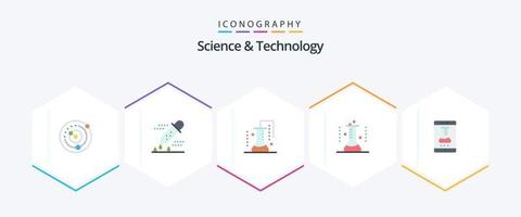 ciencia y tecnología 25 paquete de iconos planos que incluye matraz de laboratorio. matraz químico. gotero de pipeta investigación científica. laboratorio de ciencia vector