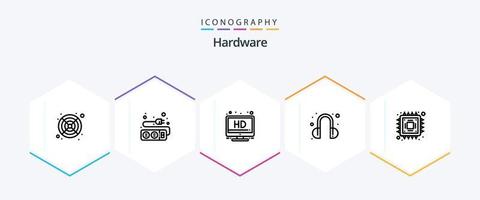 paquete de iconos de 25 líneas de hardware que incluye . pastilla. pantalla. hardware. apoyo vector