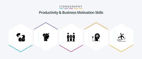 Productivity And Business Motivation Skills 25 Glyph icon pack including knowledge. ability. power mode activate. boosting. partners vector