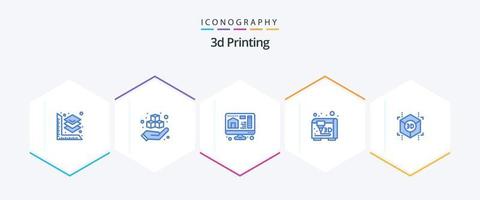 Paquete de 25 iconos azules de impresión 3D que incluye forma. cubo. computadora. 3d. modelado vector