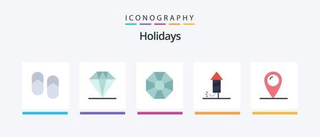 Paquete de 5 iconos de vacaciones planas que incluye candado. ubicación. joya. día festivo. fuegos artificiales. diseño de iconos creativos vector