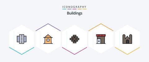 Buildings 25 FilledLine icon pack including store. marketplace. hut. institute building. construction vector