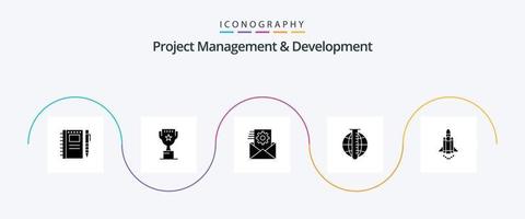 paquete de iconos de glifo 5 de gestión y desarrollo de proyectos que incluye investigación. datos. premio. análisis. integración vector