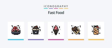 la línea de comida rápida llenó el paquete de 5 íconos que incluye. Comida rápida. gordo. Palomitas. comida. diseño de iconos creativos vector