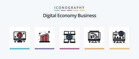 la línea de negocio de la economía digital llenó el paquete de 5 íconos, incluida la bombilla. digital. computadora. economía. computadora portátil. diseño de iconos creativos vector