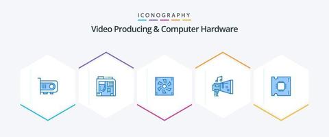 Video Producing And Computer Hardware 25 Blue icon pack including music. device. cooler fan. blaster. fan vector