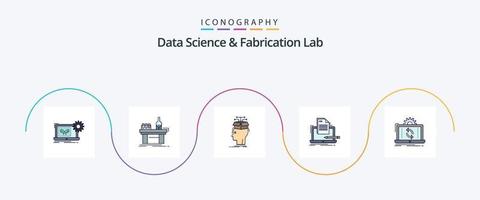 Data Science And Fabrication Lab Line Filled Flat 5 Icon Pack Including computer. coder. laboratory. sharing. head vector