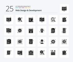 diseño y desarrollo web Paquete de iconos de 25 glifos sólidos que incluye motor. alerta. desarrollo web. software vector