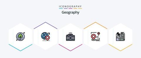 paquete de iconos de 25 líneas completas de geografía que incluye destino. mapa. alfiler. imagen. foto vector