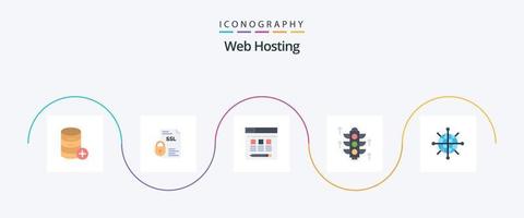 Paquete de 5 iconos planos de alojamiento web que incluye red. servidor. seguridad. luz. alojamiento vector