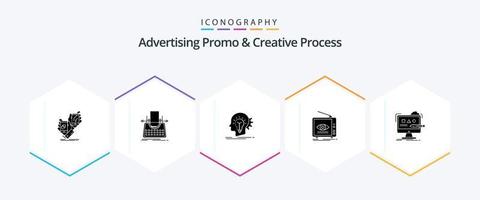 Advertising Promo And Creative Process 25 Glyph icon pack including marketing. ad. typewriter. thinking. head vector