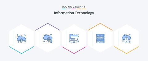 tecnología de la información 25 paquete de iconos azules que incluye móvil. respaldo. Internet. servidor. estante vector