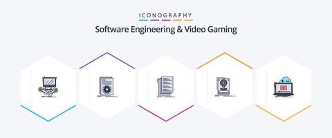 Software Engineering And Video Gaming 25 FilledLine icon pack including hdd. install. running. list. compile vector