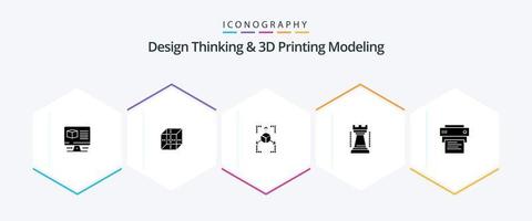 Design Thinking And D Printing Modeling 25 Glyph icon pack including print. sports. prototype. king. entertainment vector