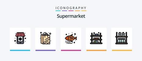 la línea de supermercados llenó un paquete de 5 íconos que incluye una bolsa de harina. fruta. finanzas. supermercado. tienda de comestibles. diseño de iconos creativos vector