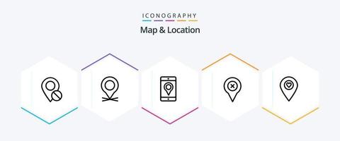 Map and Location 25 Line icon pack including heart. location. pin. pin. location vector