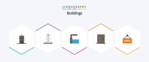 paquete de iconos planos de 25 edificios que incluye . comercio. agua. abierto. hogar vector