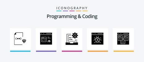 Programming And Coding Glyph 5 Icon Pack Including bug. app. development. html. develop. Creative Icons Design vector