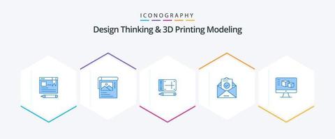 pensamiento de diseño y modelado de impresión d paquete de 25 íconos azules que incluye monitor. educación. móvil. sobre. correo vector