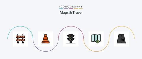 mapas y línea de viaje llenos de paquete de iconos planos 5 que incluye. mapa. transporte vector