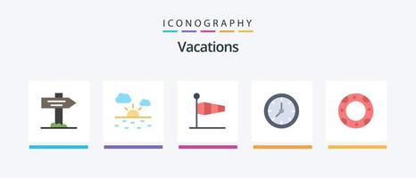 Paquete de 5 iconos de vacaciones planas que incluye aro salvavidas. seguro. bandera. mirar. tiempo. diseño de iconos creativos vector