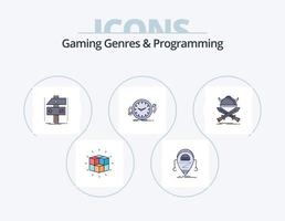 géneros de juegos y línea de programación llenos de iconos pack 5 diseño de iconos. juego de azar. arcada. matemáticas. cubo. rompecabezas vector