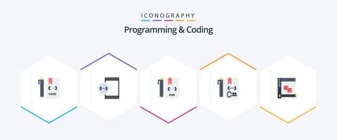 Programación y codificación Paquete de 25 iconos planos que incluye codificación. C. desarrollo. php. desarrollo vector