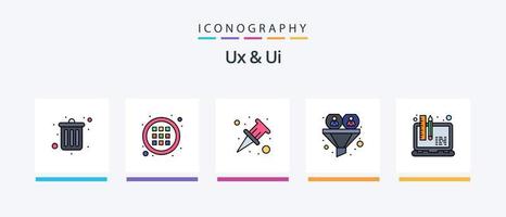 ux y ui line llenaron el paquete de 5 íconos que incluye el sitio web. SEO estrella. diagrama de flujo virus. diseño de iconos creativos vector