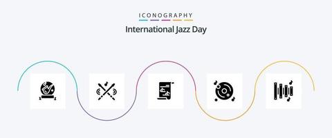 International Jazz Day Glyph 5 Icon Pack Including disk . playlist. instrument . music . file vector