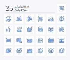 paquete de iconos de audio y video de 25 colores azules que incluye cuenta regresiva. presentación. película. dispositivo. carrete vector